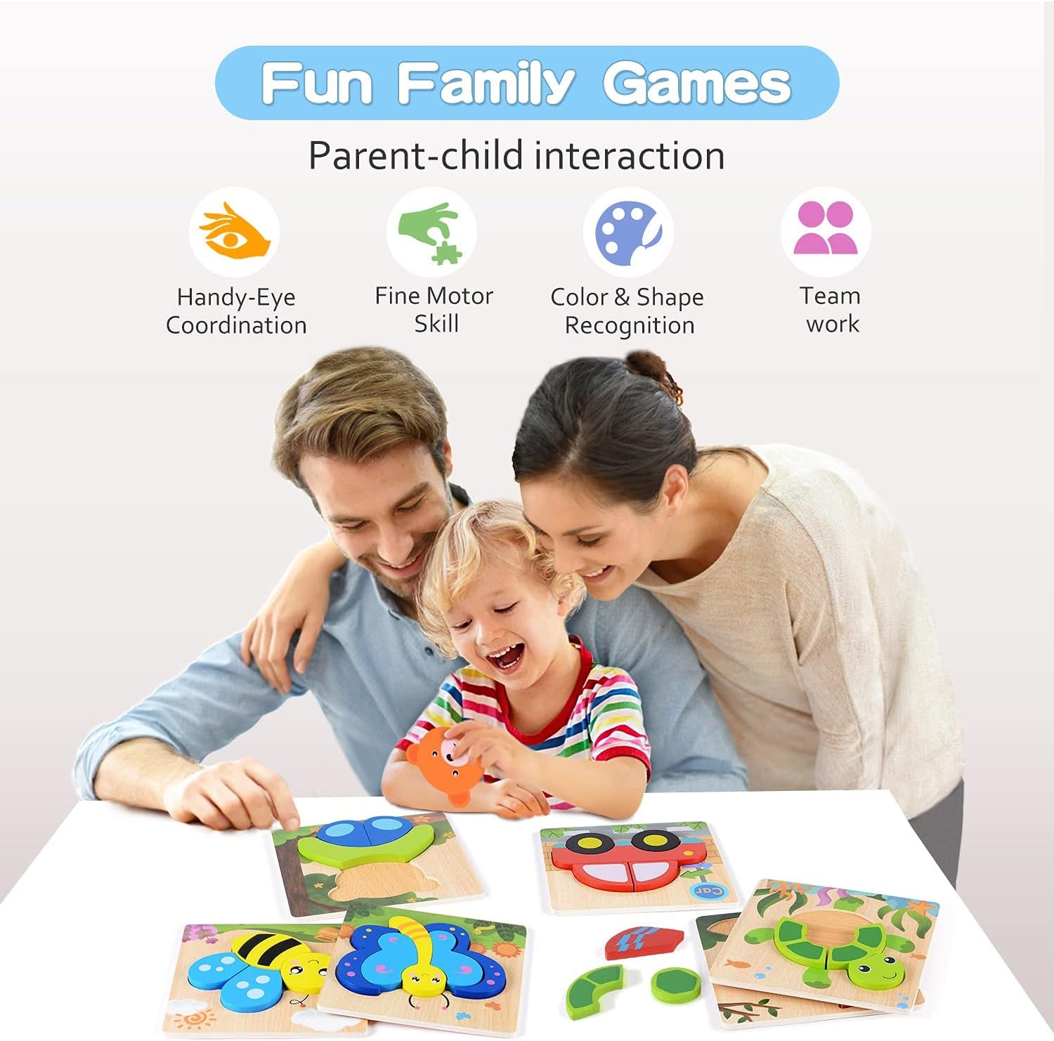 Wooden Puzzles, Set of 6 Puzzle Toys for Kids Toddlers 1–3, Baby Educational Animal Toys with Chunky Pieces & Bag - Butterfly, Bee, Woodpecker, Bear, Car, Turtle