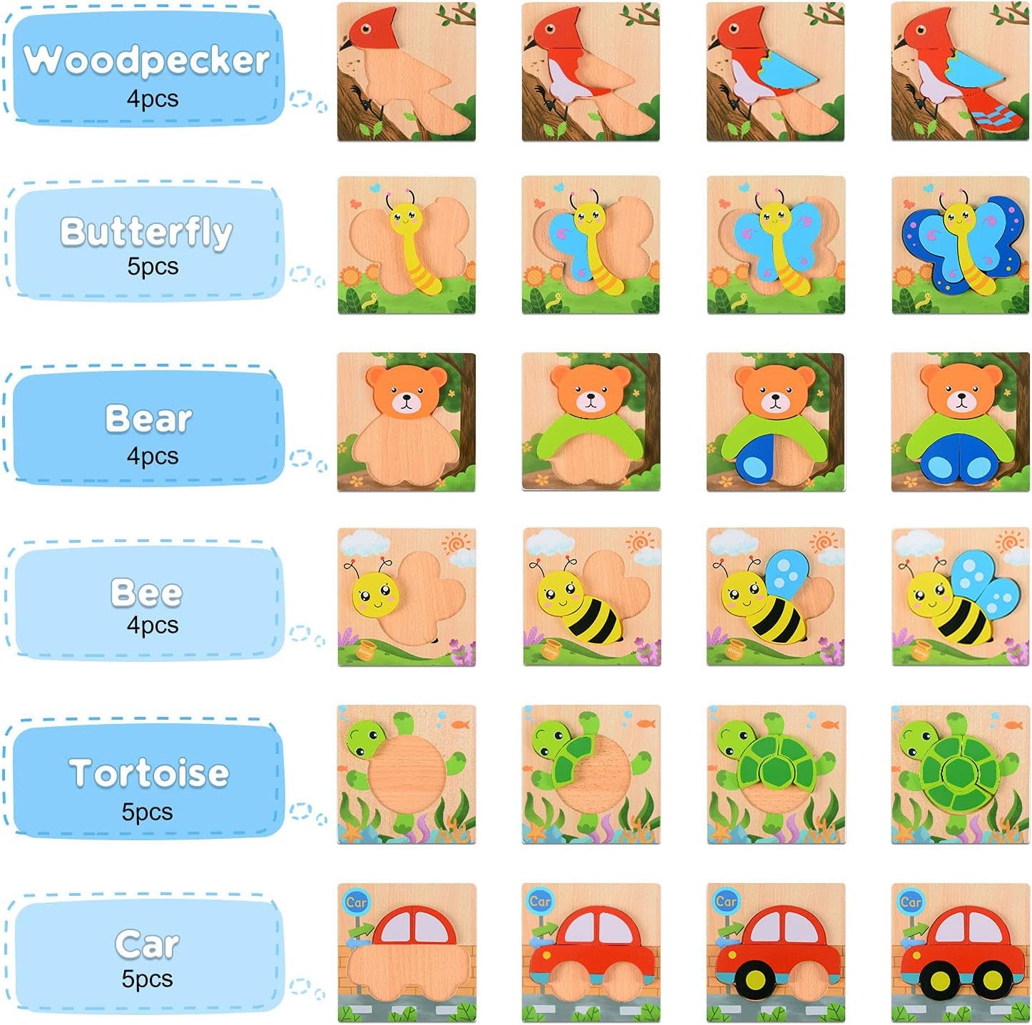 Wooden Puzzles, Set of 6 Puzzle Toys for Kids Toddlers 1–3, Baby Educational Animal Toys with Chunky Pieces & Bag - Butterfly, Bee, Woodpecker, Bear, Car, Turtle