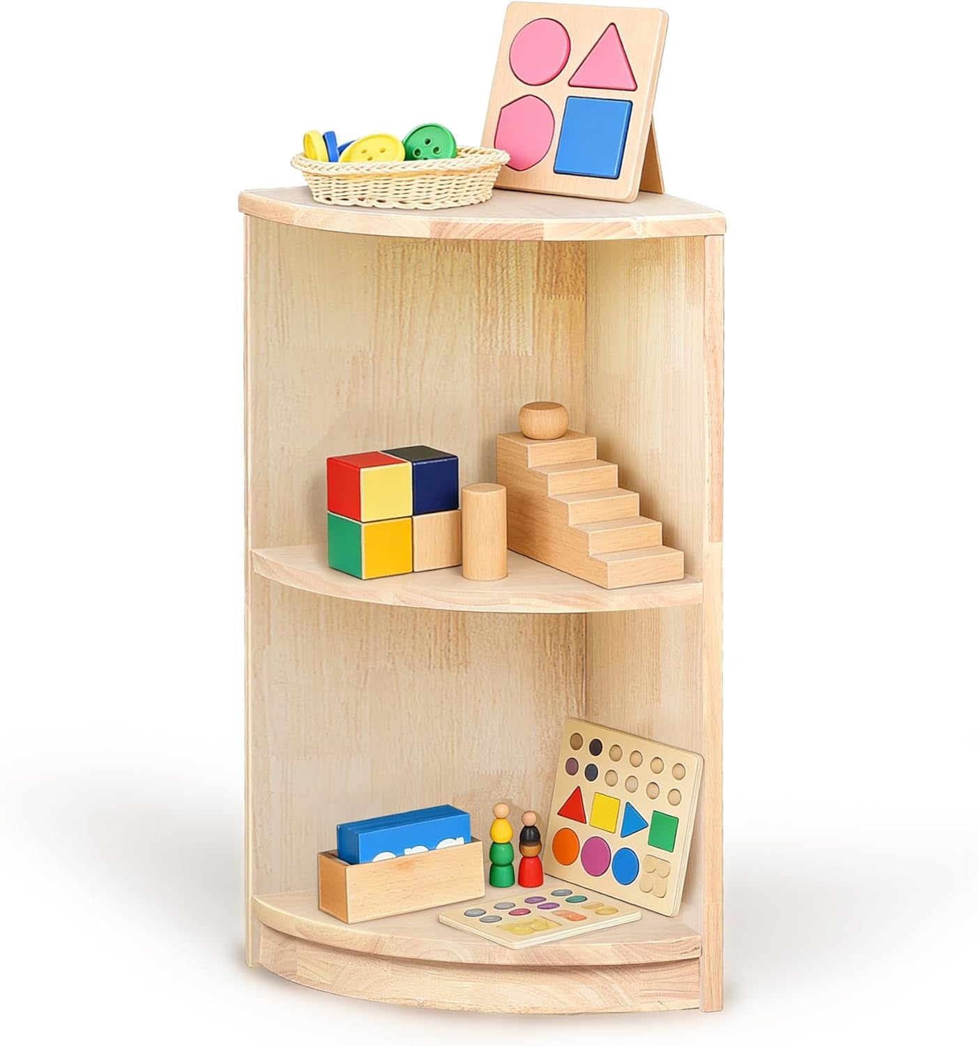 Corner Montessori Shelf 3-Tier Storage Bookcase – Kids Organizer for Toys, Books, Arts & Crafts Supplies, Ideal Toddler Furniture for Nursery, Preschool & Daycare