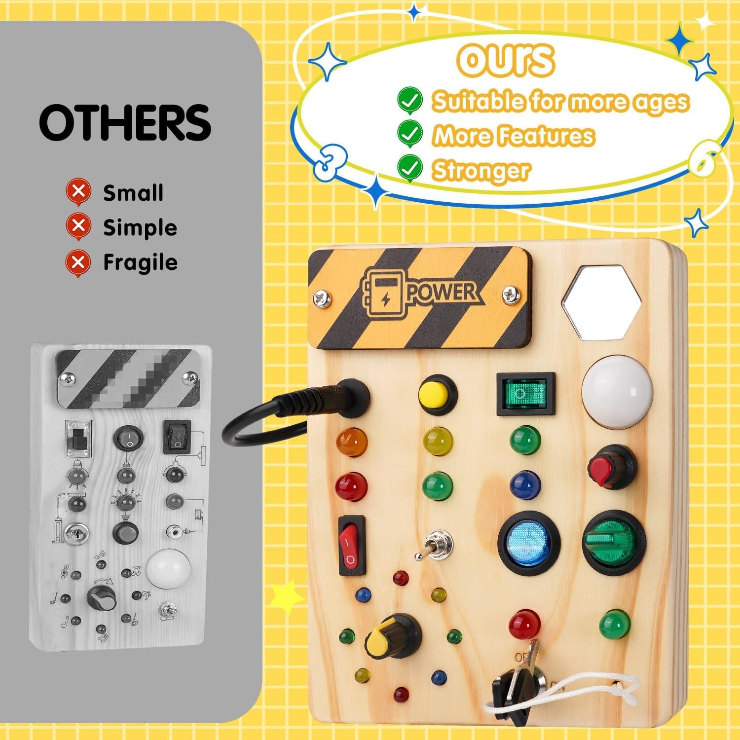 Wooden Busy Board with LED Switch 