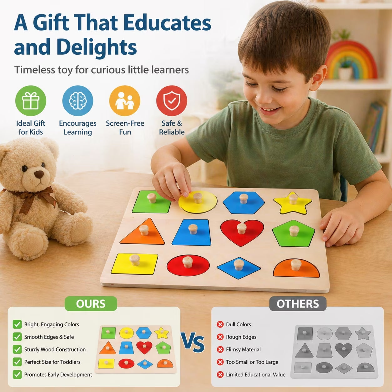 Wooden Shape Puzzles Montessori Learning Educational Toys Knob Puzzles Peg Board Toys for Toddlers