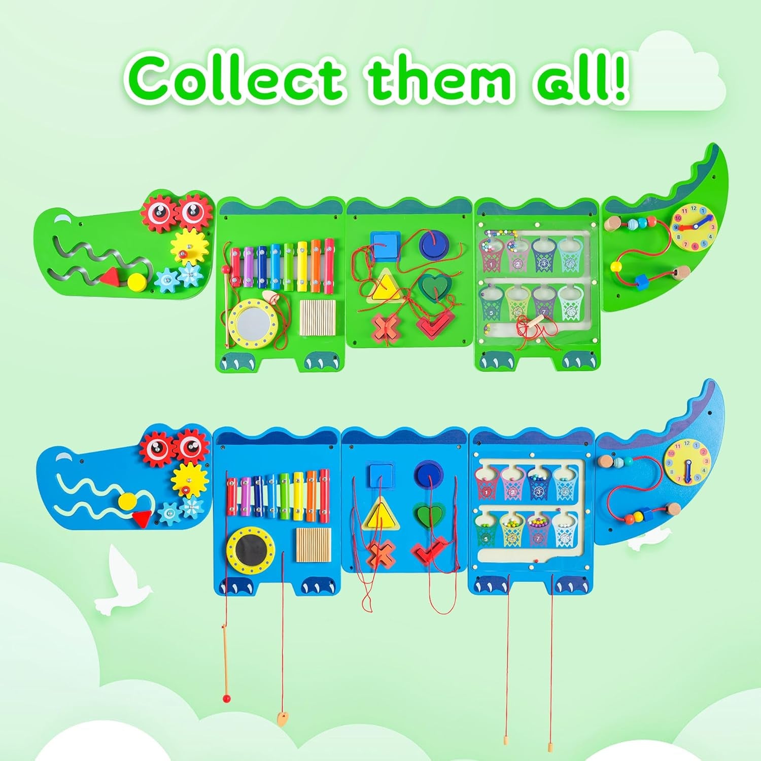 Crocodile Sensory Toys Activity Wall Panels, Educational Montessori Busy Board for Toddlers, Activity Cube - Sensory Wall, Wooden Learning Toys, Interactive Toy-Green