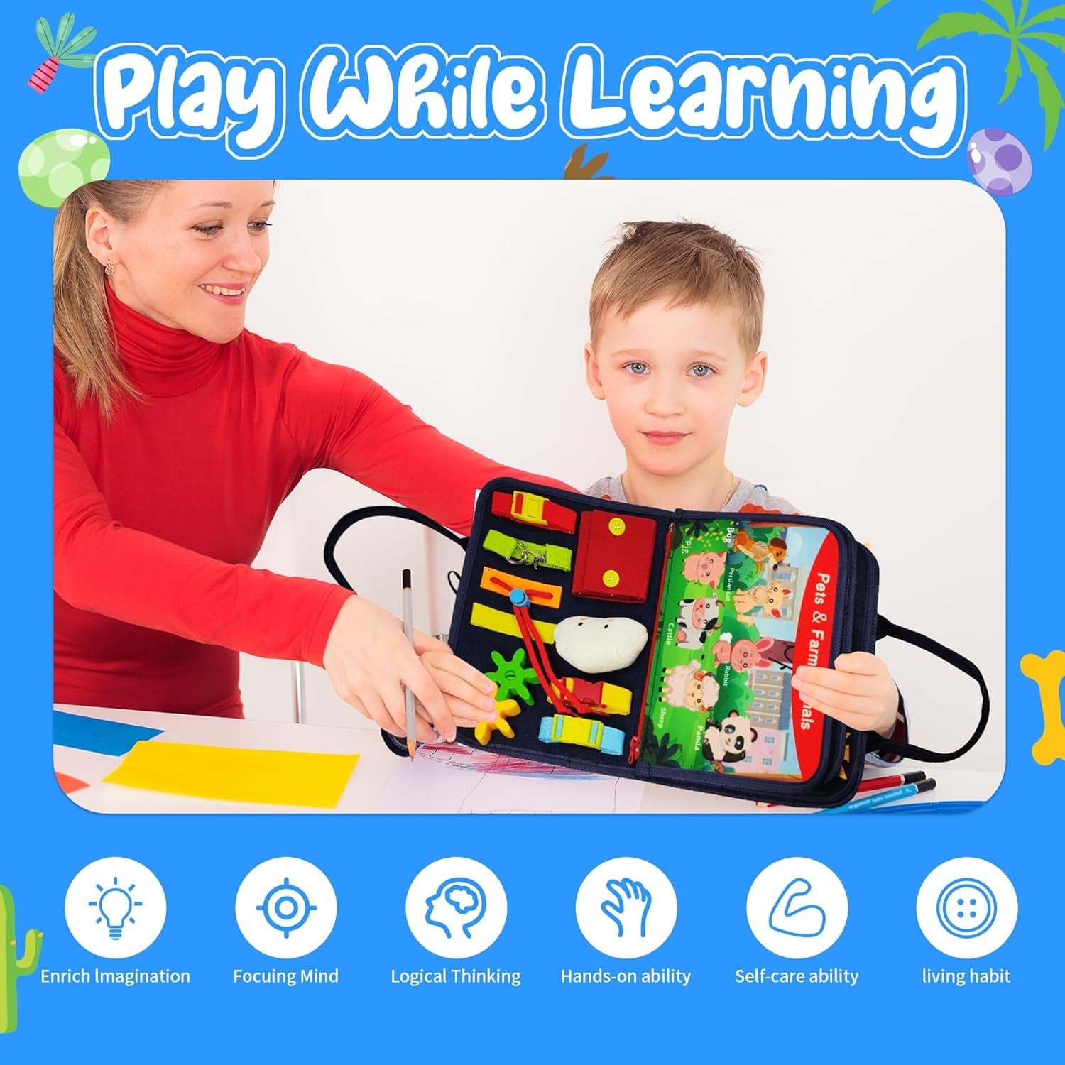 Busy Board for Toddlers 3+ Years Old, Montessori Sensory Toy | 8-Layer Felt, Educational Learning Fine Motor Skills Activity Board, Travel Toys for Car Airplane, Gifts for Boys Girls