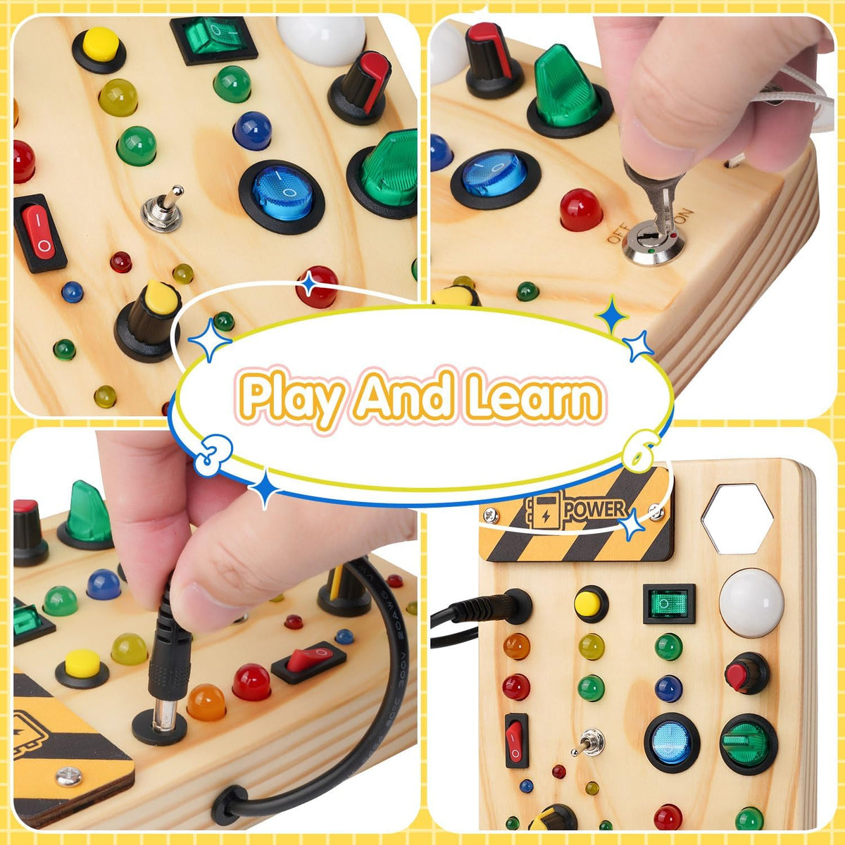 Wooden Busy Board with LED Switch 