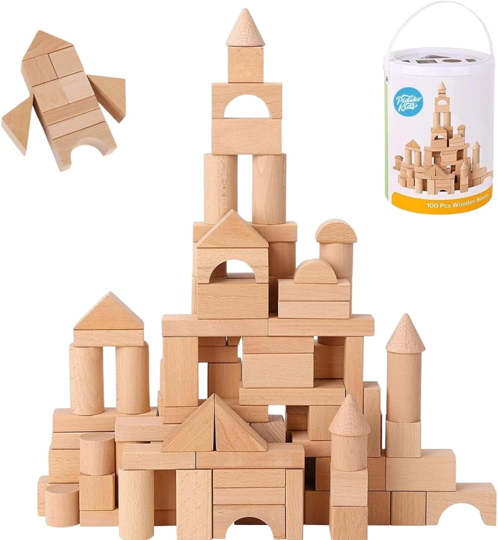 100 Pcs Wooden Blocks for Toddlers 1-3 Building Blocks for Kids | Storage Container with Shape Sorter Lid - Natural Beech Wood Blocks - Preschool Learning Toys Stacking Block