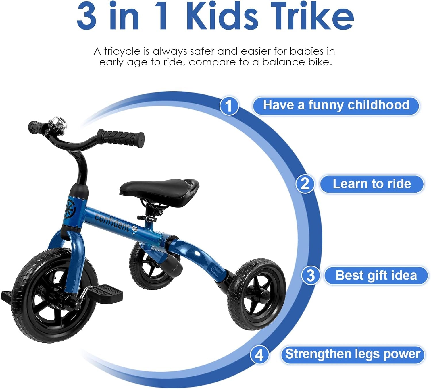 3 in 1 Tricycle for Toddlers Age 2-5 Years Old, Folding Kids Balance Bikes with Adjustable Seat and Removable Pedal, Ride-On Toys for Infant, Gift for Baby Boys Girls Birthday(Blue)
