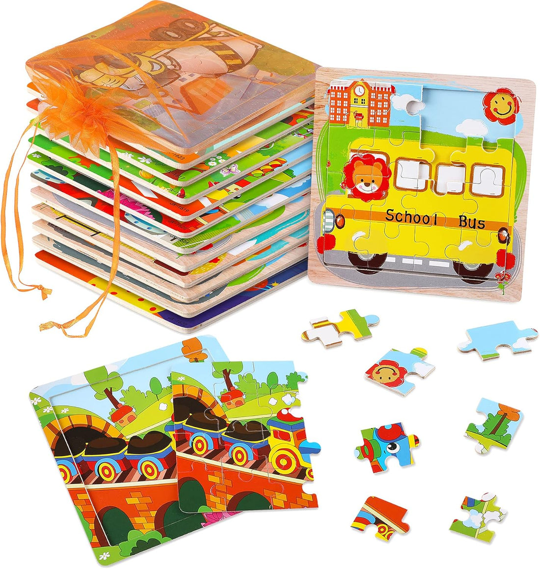 Exciting 12-Pack Wooden Jigsaw Puzzles for Kids Aged 3-5 | Fun Transportation Themes with Bonus Organize Bags
