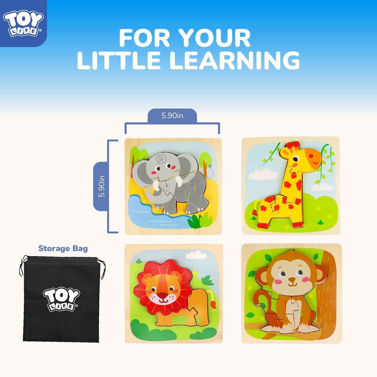 Wooden Puzzles for Toddlers 2-4, Montessori Toys for 1 2 3 Year Old Boys Girls, 4 Piece Animals Puzzles Educational Learning Toys, Birthdays Gifts Toy for 2 Year Old Girl Boy
