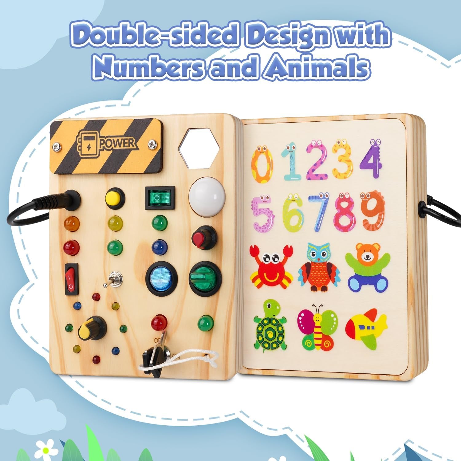 Wooden Busy Board with LED Switch 