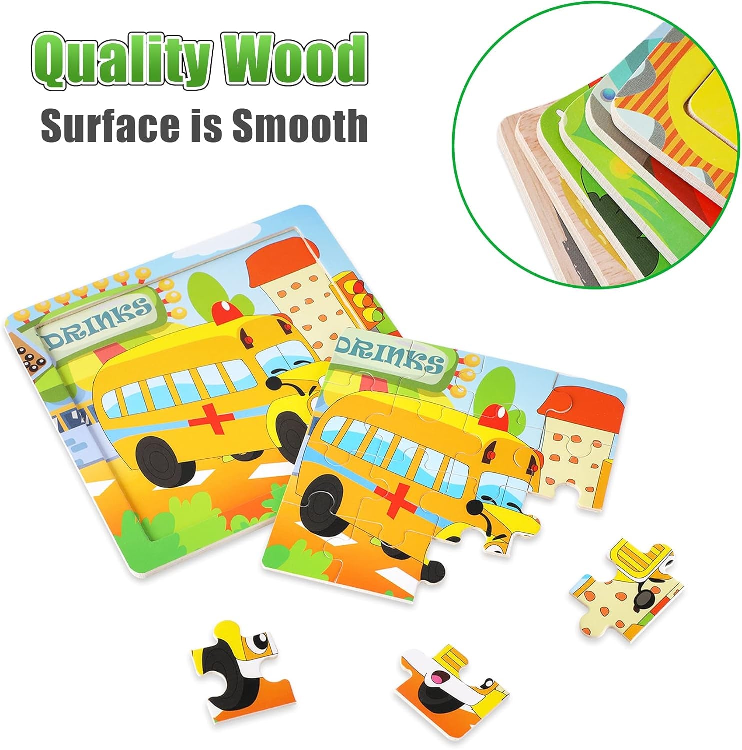 Exciting 12-Pack Wooden Jigsaw Puzzles for Kids Aged 3-5 | Fun Transportation Themes with Bonus Organize Bags
