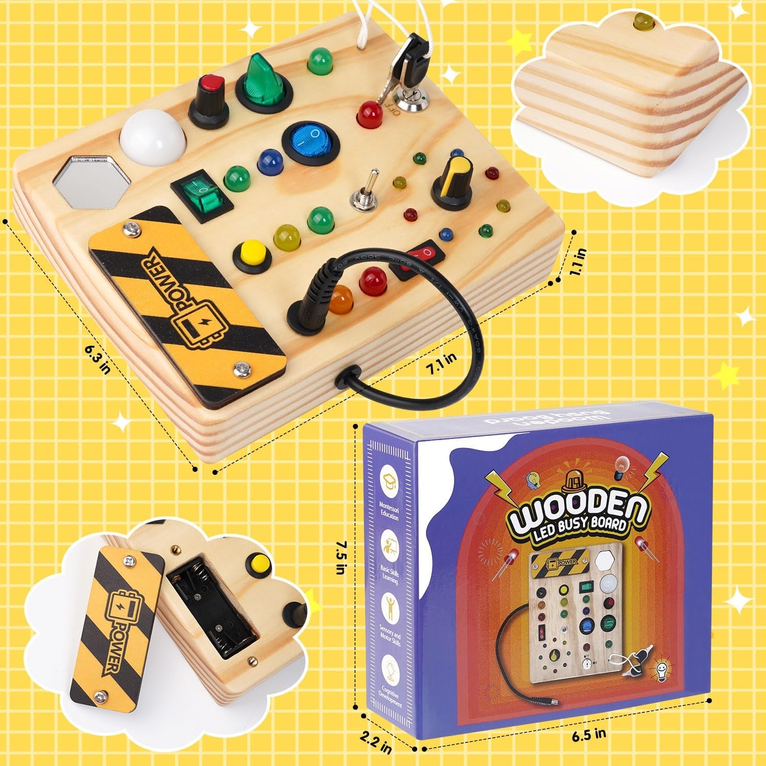 Wooden Busy Board with LED Switch 