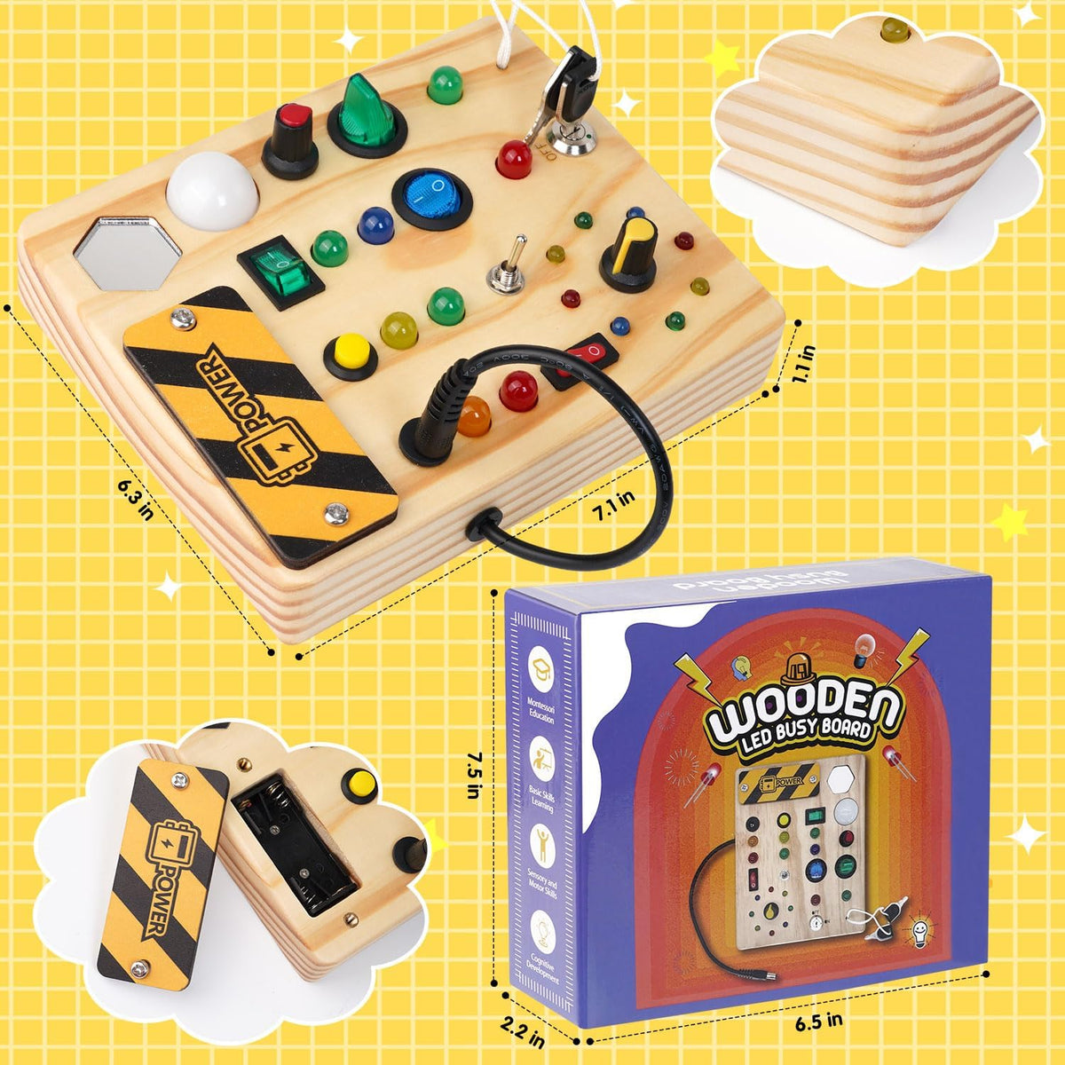Wooden Busy Board with LED Switch 