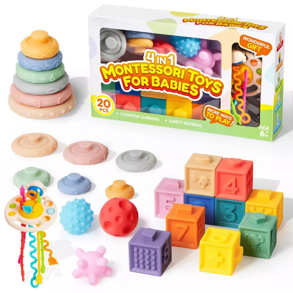 Montessori Toys for Baby 0-3-6-12 Months, 4-In-1 Food-Grade Sensory Toys, Infant Stacking Circles Teether, Learning Gifts for Baby Girls Boys