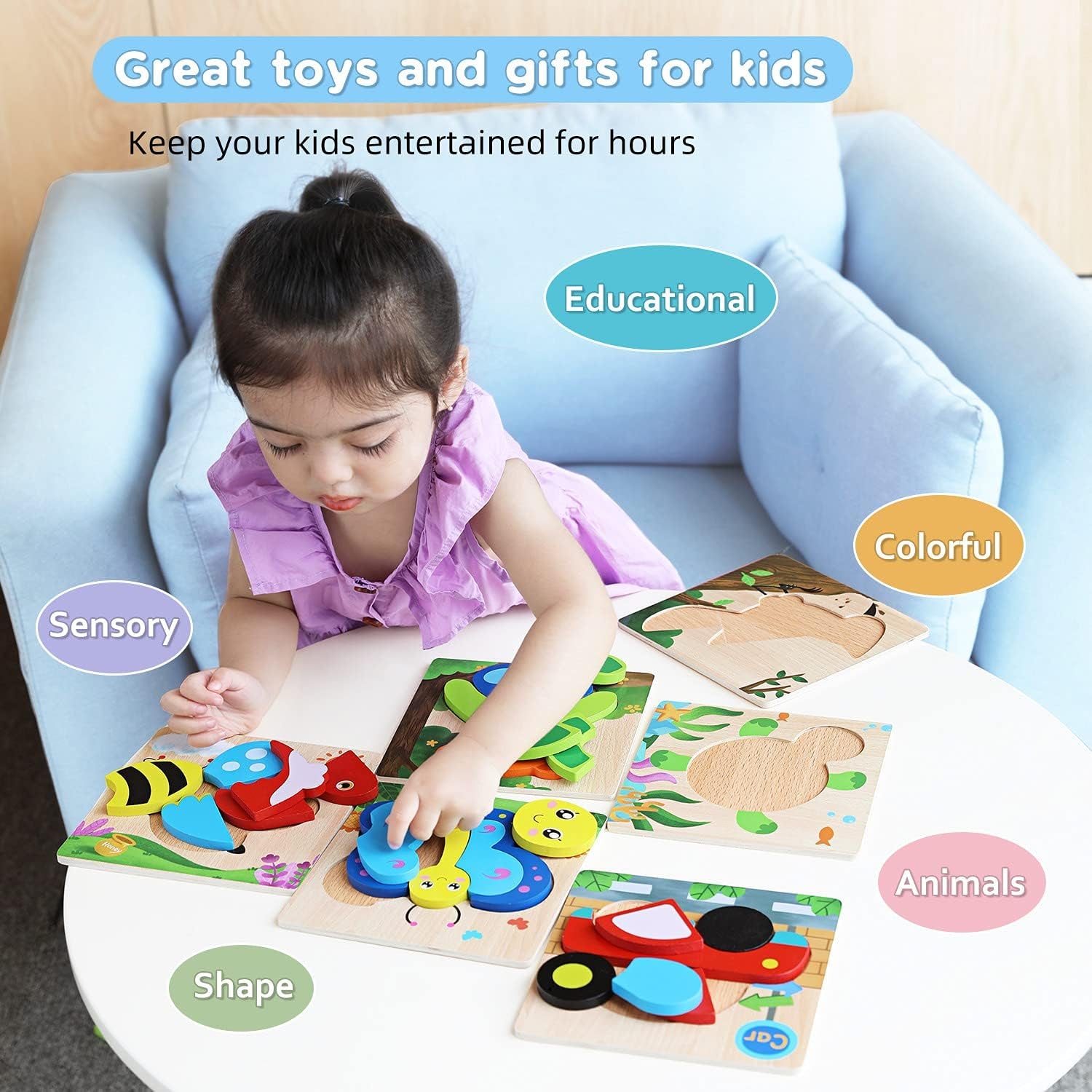 Wooden Puzzles, Set of 6 Puzzle Toys for Kids Toddlers 1–3, Baby Educational Animal Toys with Chunky Pieces & Bag - Butterfly, Bee, Woodpecker, Bear, Car, Turtle