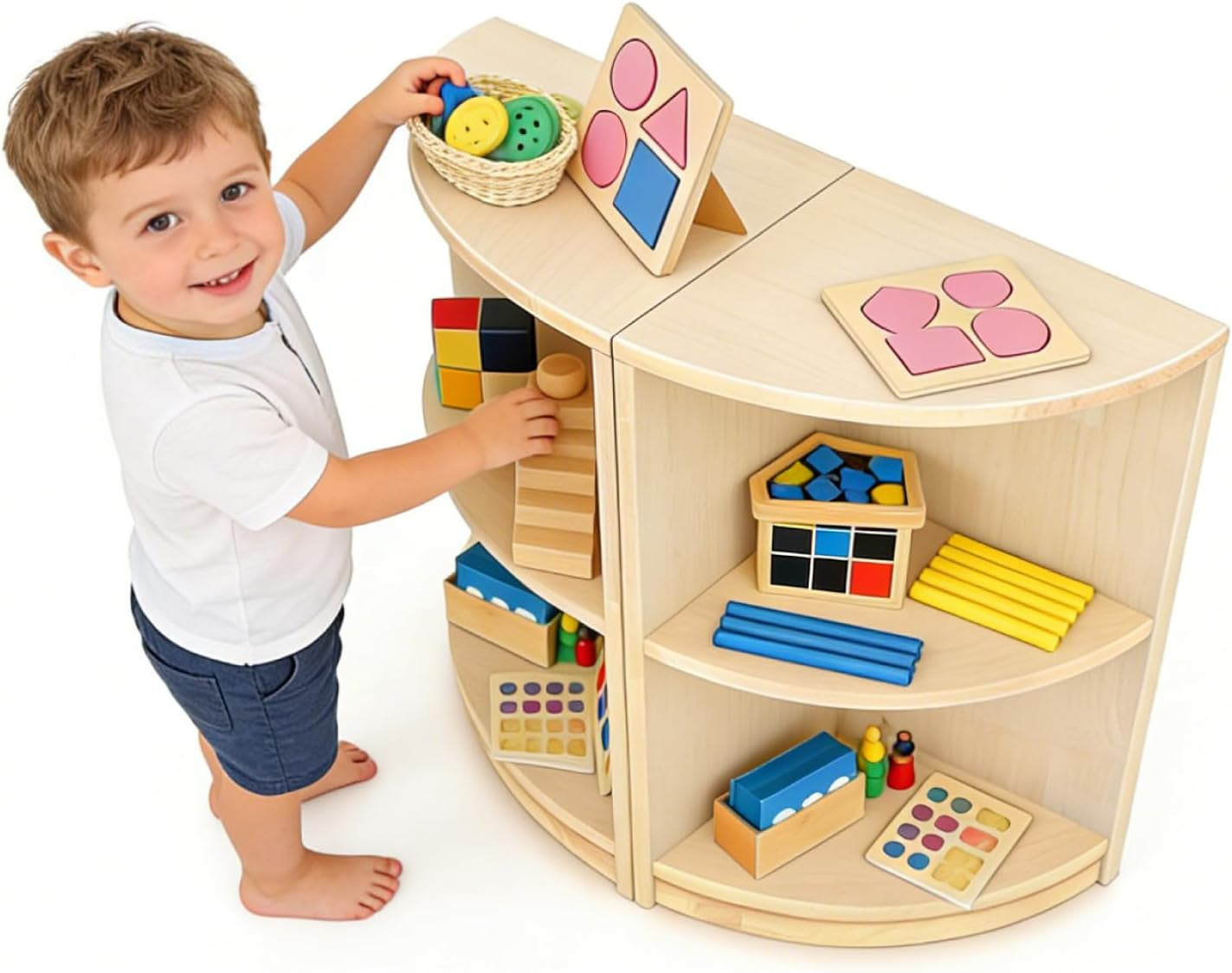 Corner Montessori Shelf 3-Tier Storage Bookcase – Kids Organizer for Toys, Books, Arts & Crafts Supplies, Ideal Toddler Furniture for Nursery, Preschool & Daycare