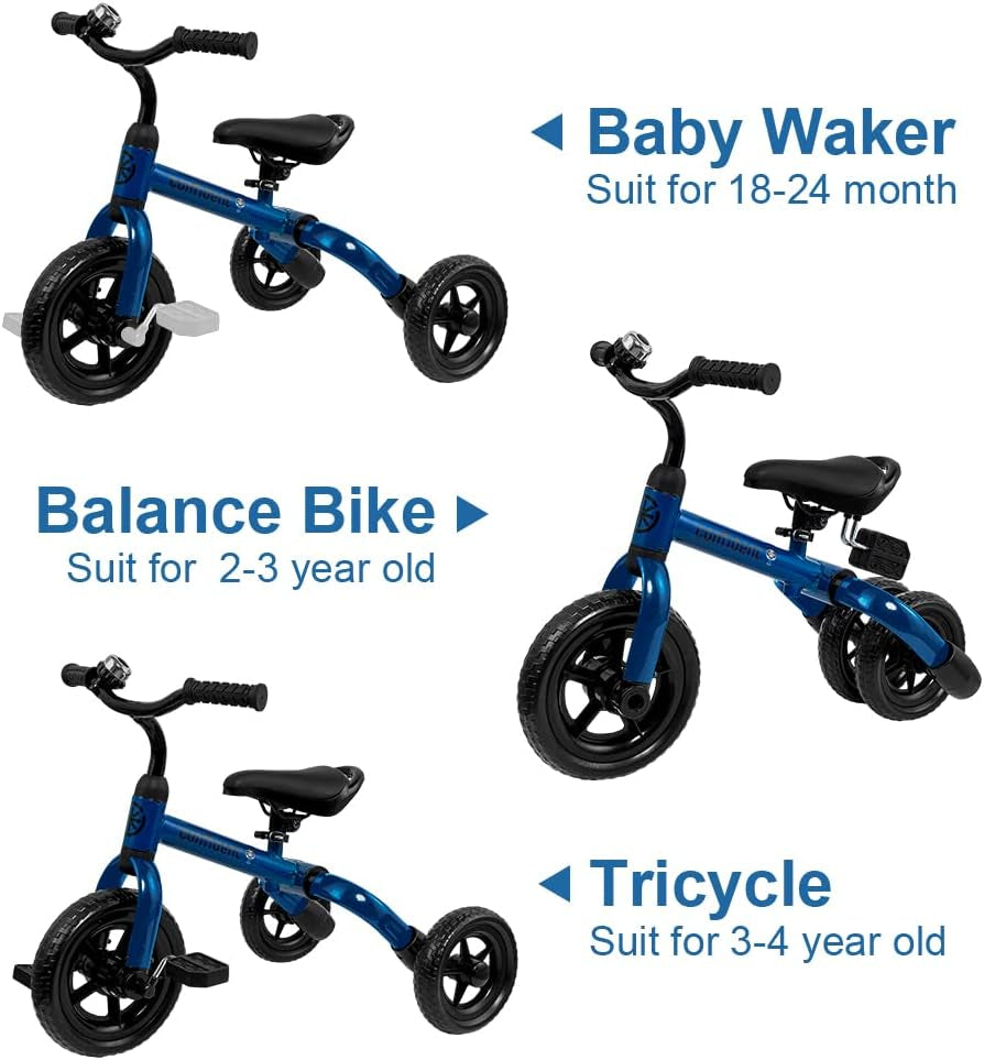 3 in 1 Tricycle for Toddlers Age 2-5 Years Old, Folding Kids Balance Bikes with Adjustable Seat and Removable Pedal, Ride-On Toys for Infant, Gift for Baby Boys Girls Birthday(Blue)