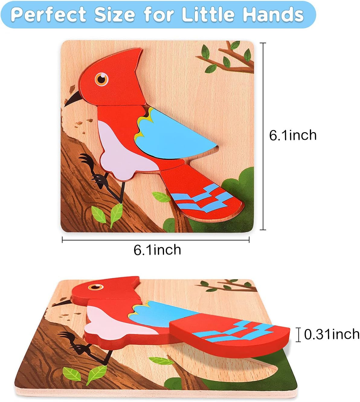 Wooden Puzzles, Set of 6 Puzzle Toys for Kids Toddlers 1–3, Baby Educational Animal Toys with Chunky Pieces & Bag - Butterfly, Bee, Woodpecker, Bear, Car, Turtle