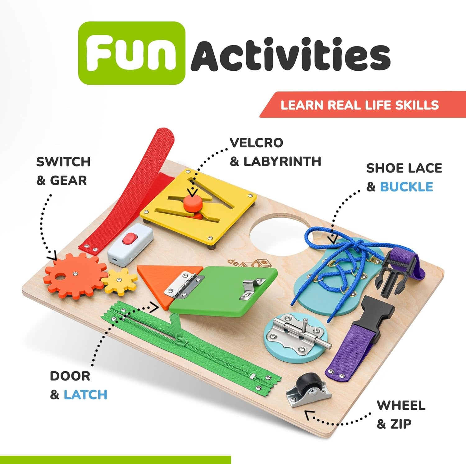 Engaging Montessori Busy Board | Premium Wooden Sensory Toy for 3+ Years | 10 Fun Activities to Boost Fine Motor Skills and Learning
