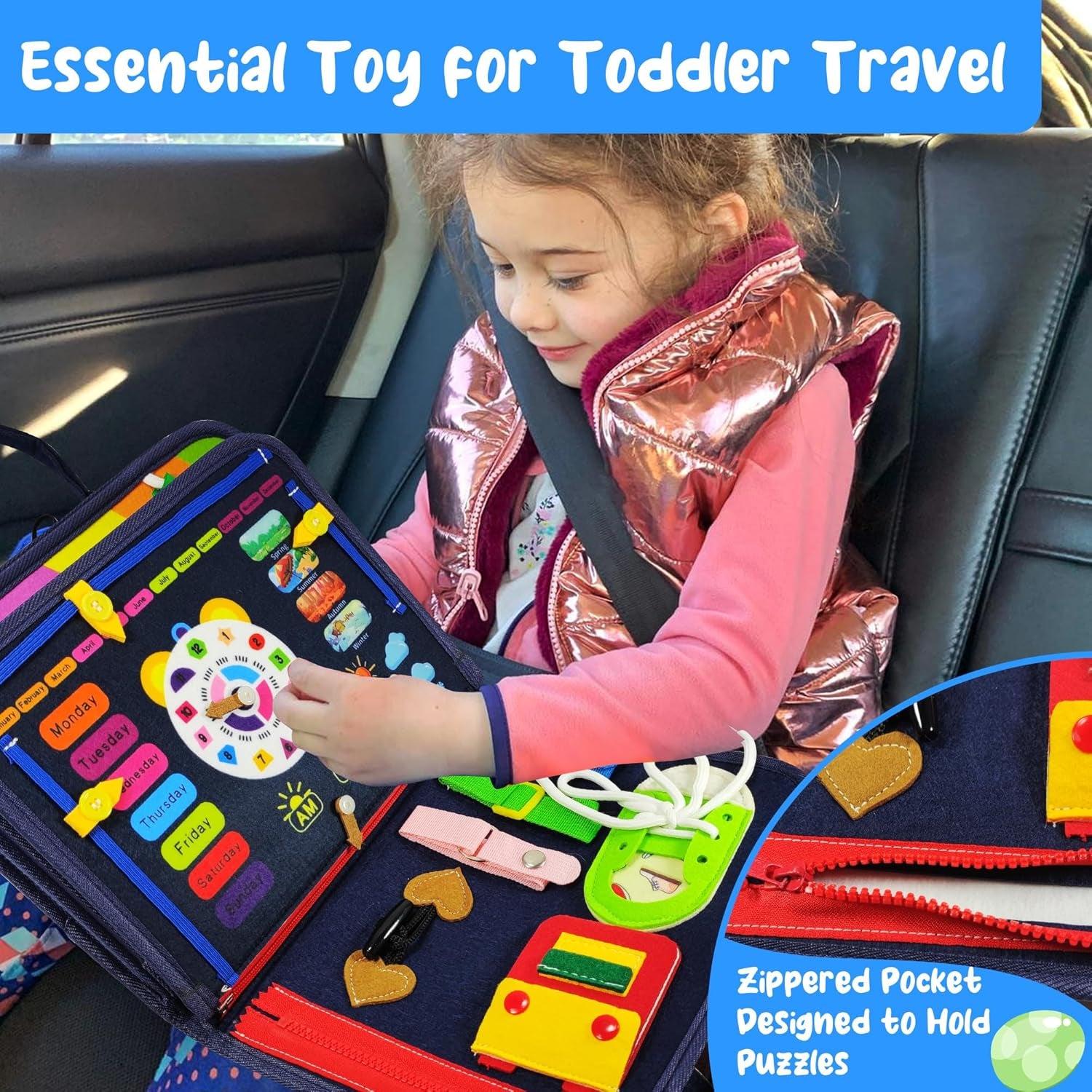 Busy Board for Toddlers 3+ Years Old, Montessori Sensory Toy | 8-Layer Felt, Educational Learning Fine Motor Skills Activity Board, Travel Toys for Car Airplane, Gifts for Boys Girls