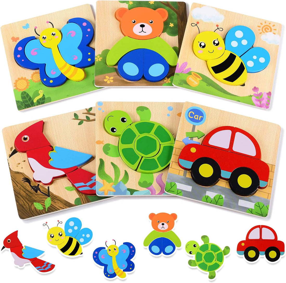 Wooden Puzzles, Set of 6 Puzzle Toys for Kids Toddlers 1–3, Baby Educational Animal Toys with Chunky Pieces & Bag - Butterfly, Bee, Woodpecker, Bear, Car, Turtle