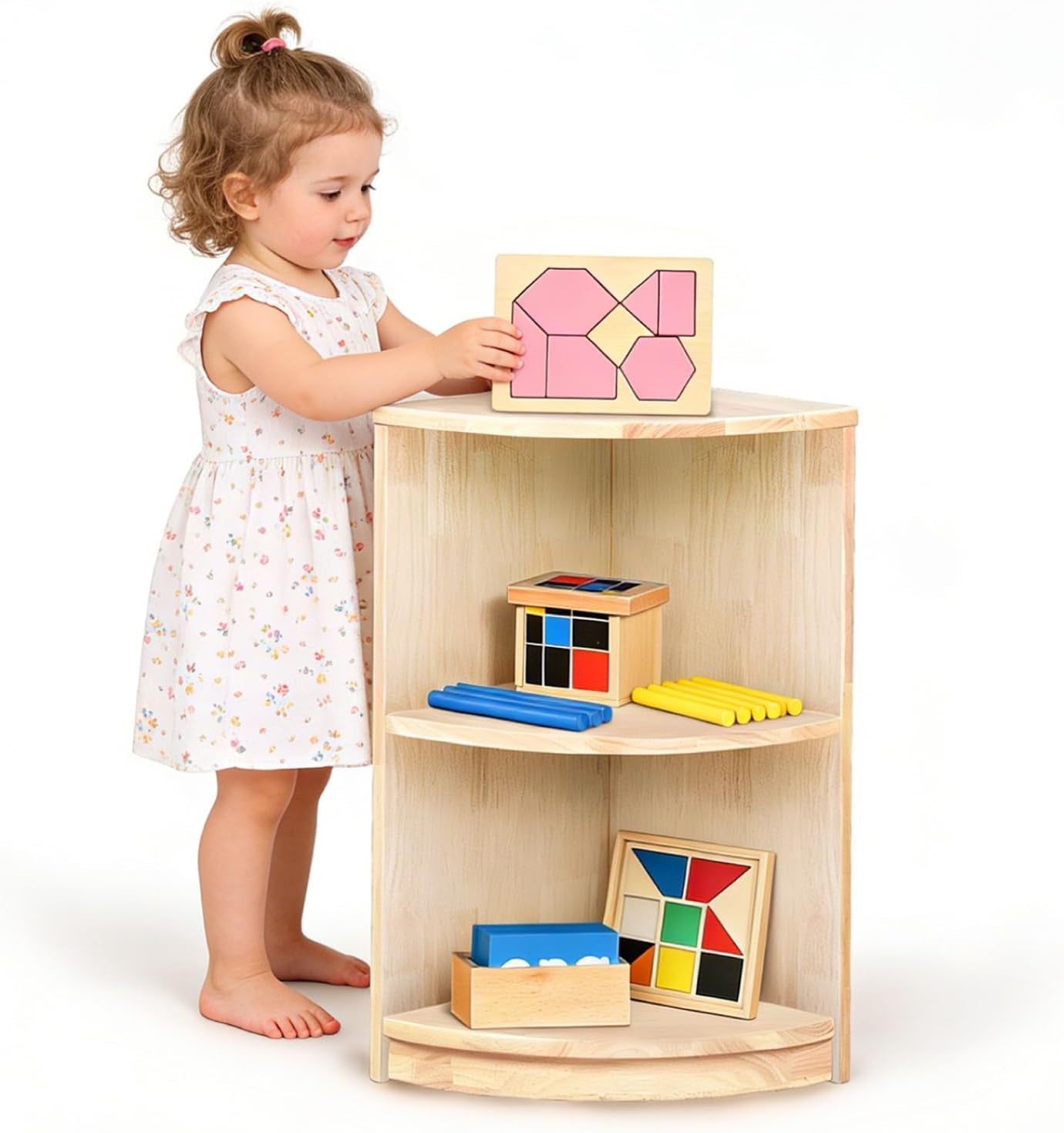 Corner Montessori Shelf 3-Tier Storage Bookcase – Kids Organizer for Toys, Books, Arts & Crafts Supplies, Ideal Toddler Furniture for Nursery, Preschool & Daycare