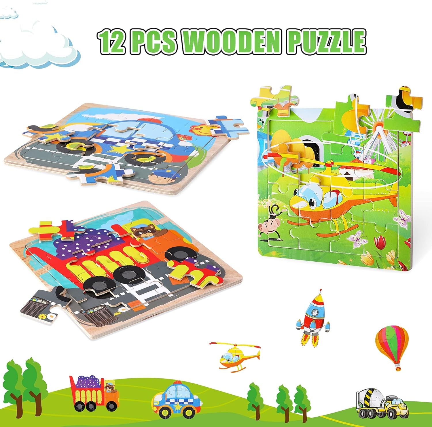 Exciting 12-Pack Wooden Jigsaw Puzzles for Kids Aged 3-5 | Fun Transportation Themes with Bonus Organize Bags
