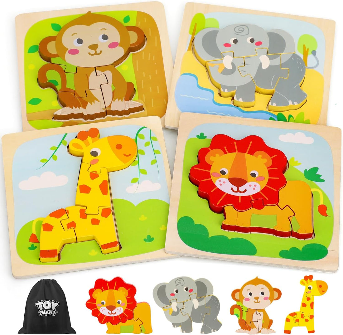 Wooden Puzzles for Toddlers 2-4, Montessori Toys for 1 2 3 Year Old Boys Girls, 4 Piece Animals Puzzles Educational Learning Toys, Birthdays Gifts Toy for 2 Year Old Girl Boy