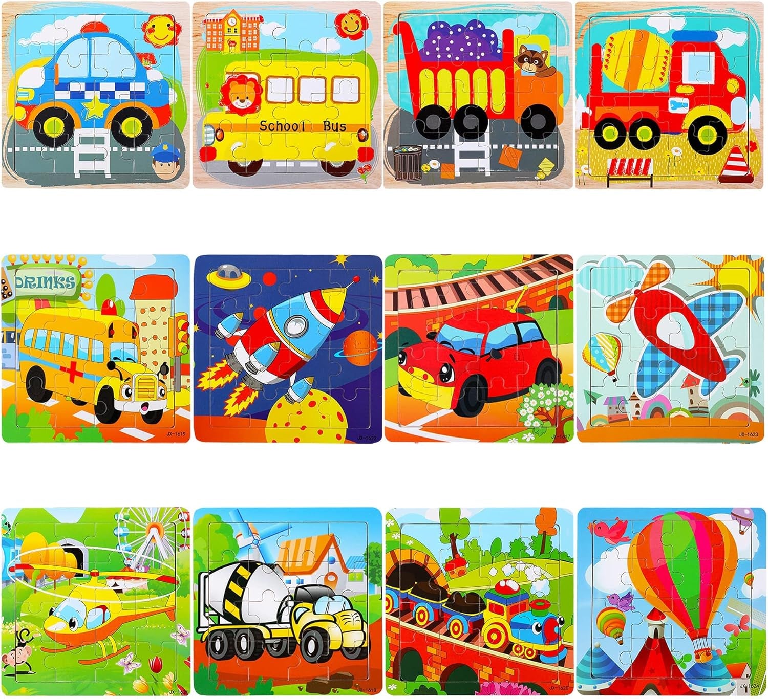 Exciting 12-Pack Wooden Jigsaw Puzzles for Kids Aged 3-5 | Fun Transportation Themes with Bonus Organize Bags