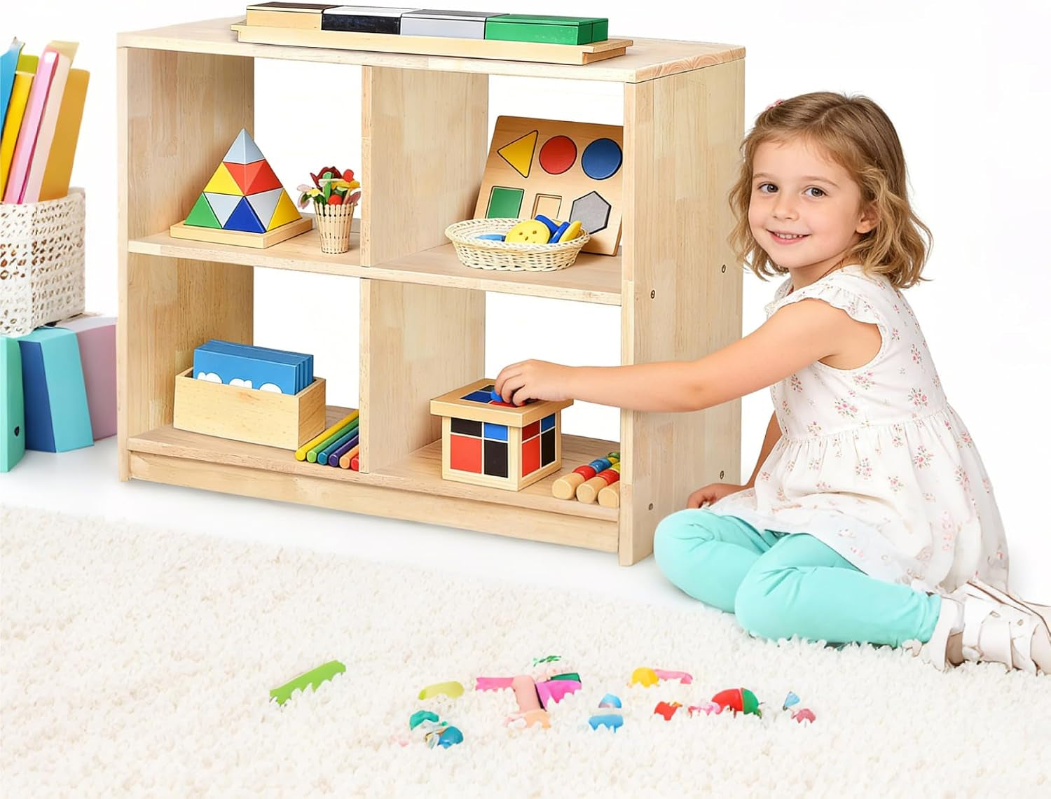 4-Cubby Montessori Storage Bookcase – Kids Shelf Organizer for Toys, Books & Art Supplies, Toddler Cabinet Furniture for Playroom, Daycare, Preschool, Kindergarten & Nursery
