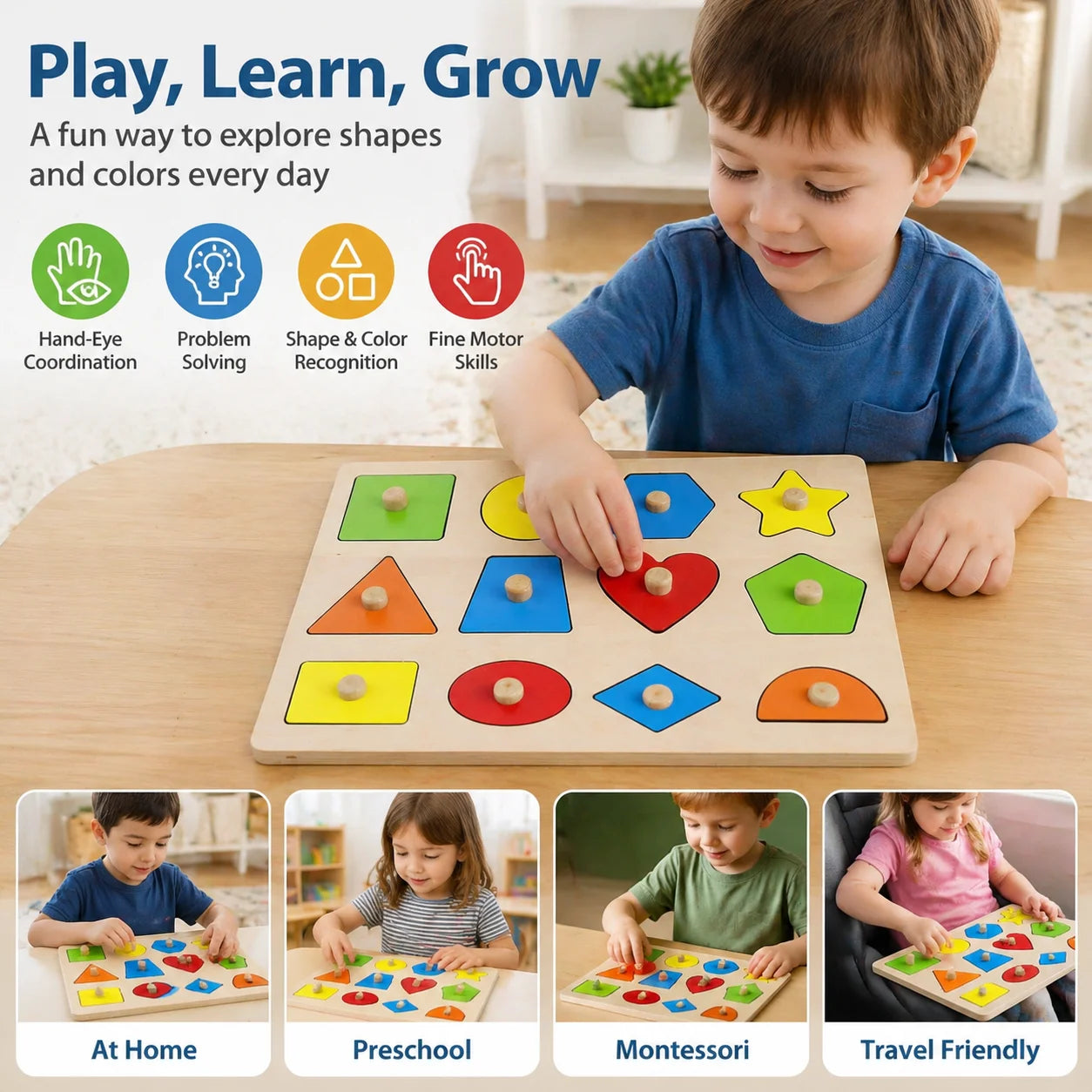Wooden Shape Puzzles Montessori Learning Educational Toys Knob Puzzles Peg Board Toys for Toddlers