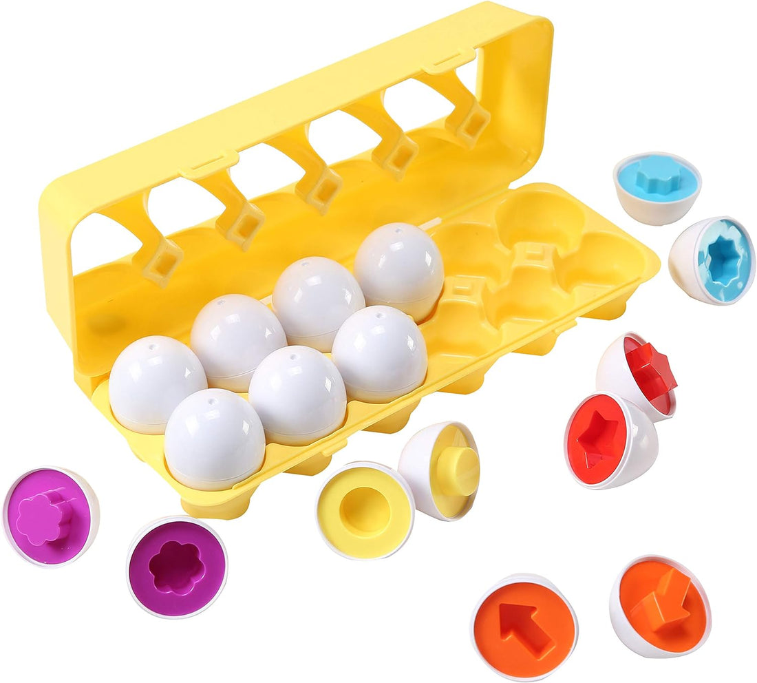 Fun Easter Egg Matching Toy Set (12 Eggs), Shape Recognition | Color Sorting Toys, Toddler STEM Easter Basket Stuffers, Educational Easter Eggs for Kids, Play Egg Puzzle Set