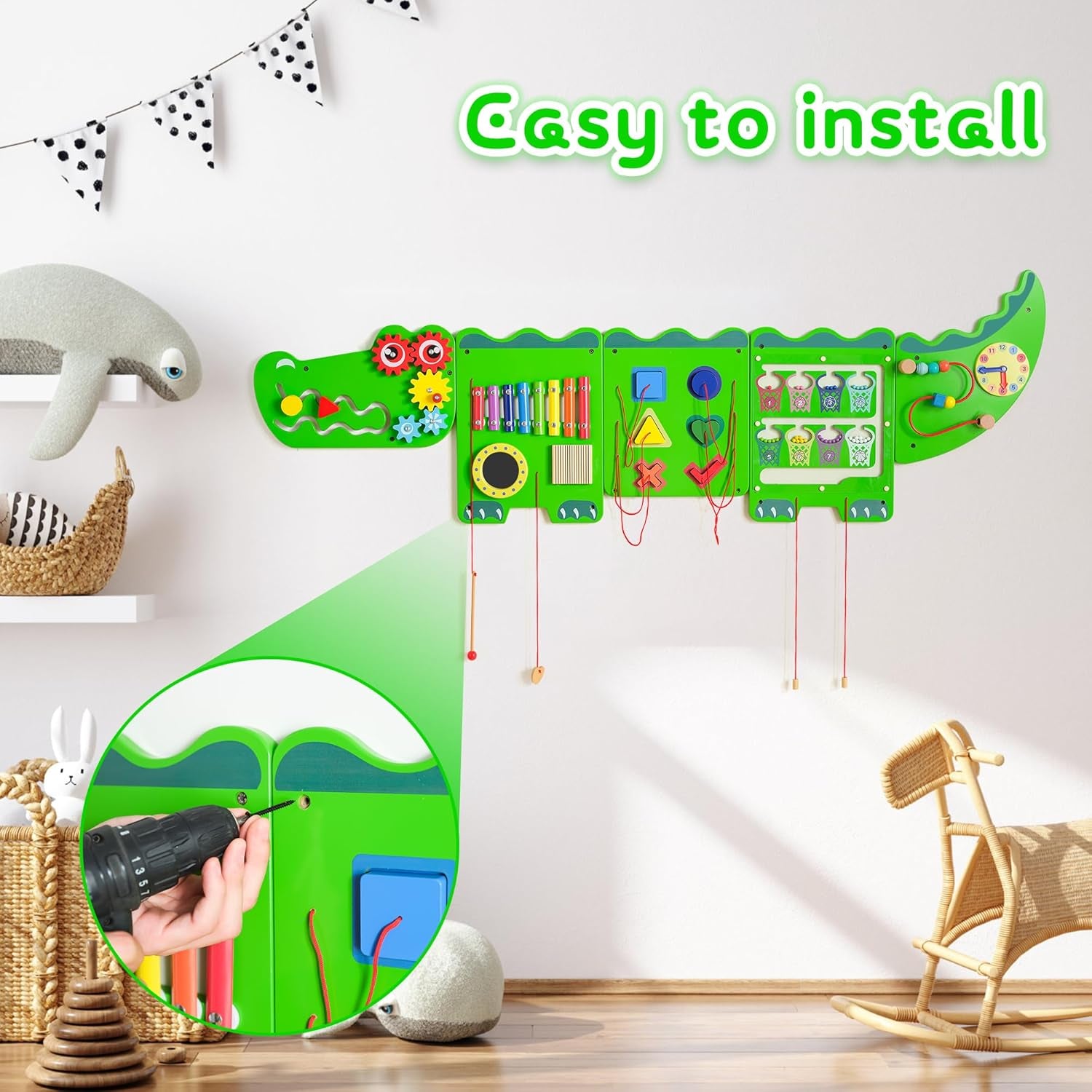 Crocodile Sensory Toys Activity Wall Panels, Educational Montessori Busy Board for Toddlers, Activity Cube - Sensory Wall, Wooden Learning Toys, Interactive Toy-Green