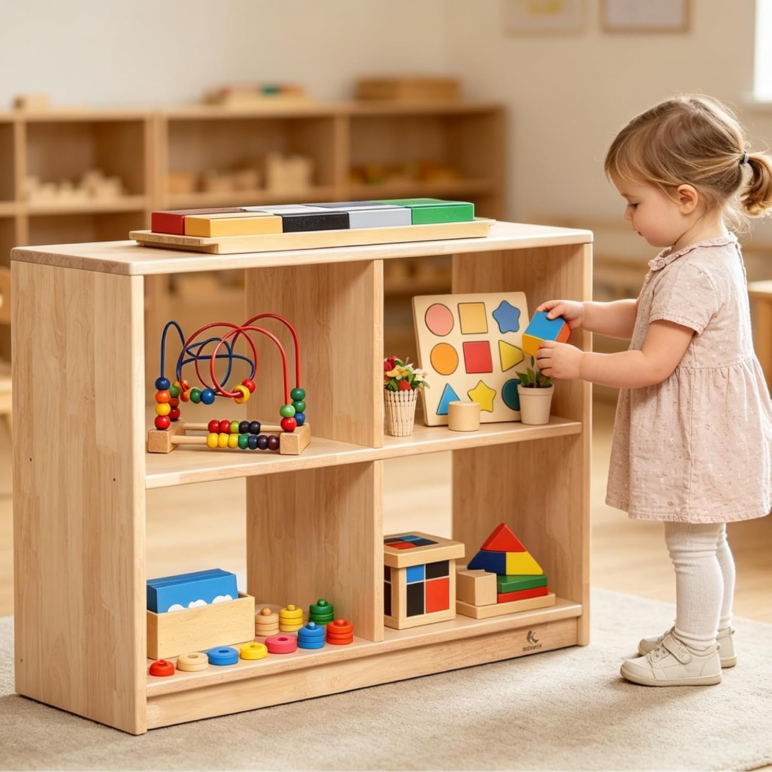 4-Cubby Montessori Storage Bookcase – Kids Shelf Organizer for Toys, Books & Art Supplies, Toddler Cabinet Furniture for Playroom, Daycare, Preschool, Kindergarten & Nursery