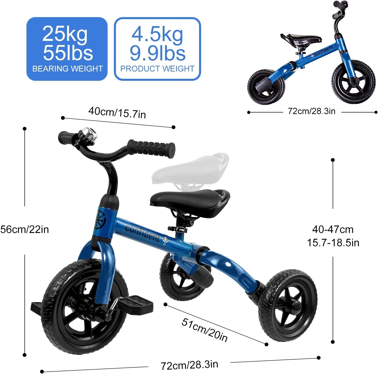 3 in 1 Tricycle for Toddlers Age 2-5 Years Old, Folding Kids Balance Bikes with Adjustable Seat and Removable Pedal, Ride-On Toys for Infant, Gift for Baby Boys Girls Birthday(Blue)