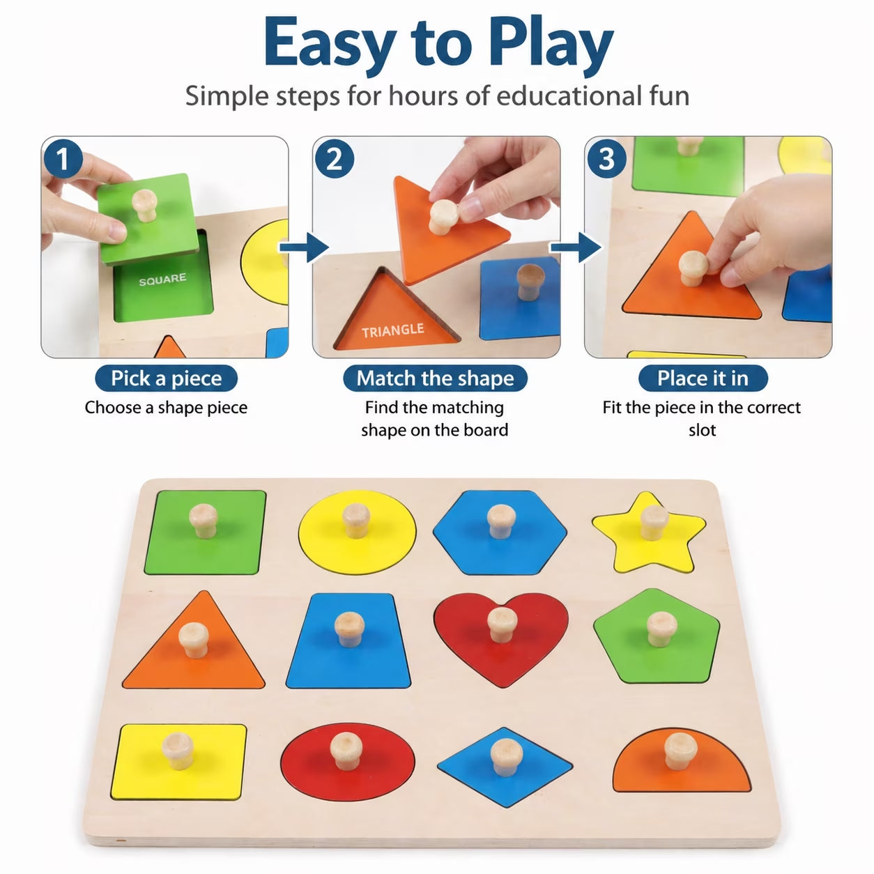 Wooden Shape Puzzles Montessori Learning Educational Toys Knob Puzzles Peg Board Toys for Toddlers
