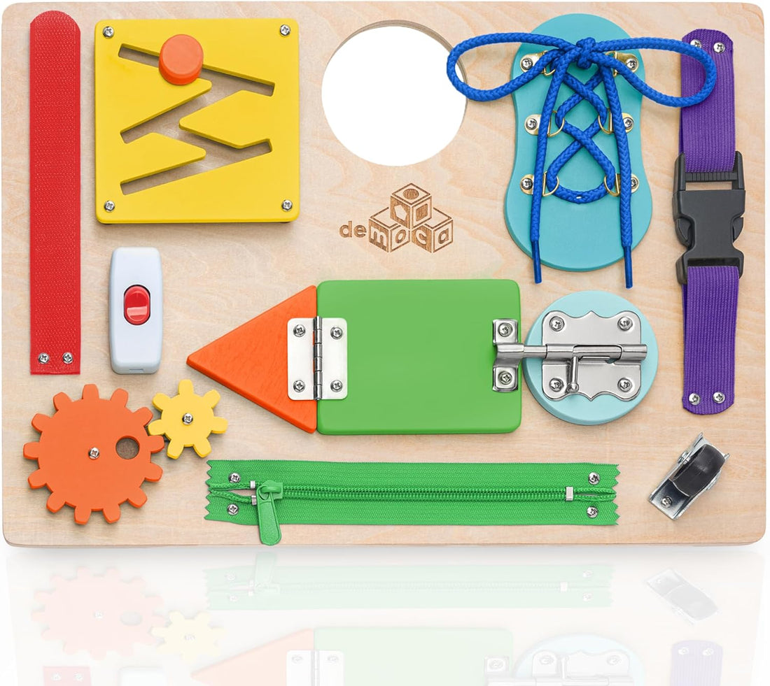 Engaging Montessori Busy Board | Premium Wooden Sensory Toy for 3+ Years | 10 Fun Activities to Boost Fine Motor Skills and Learning