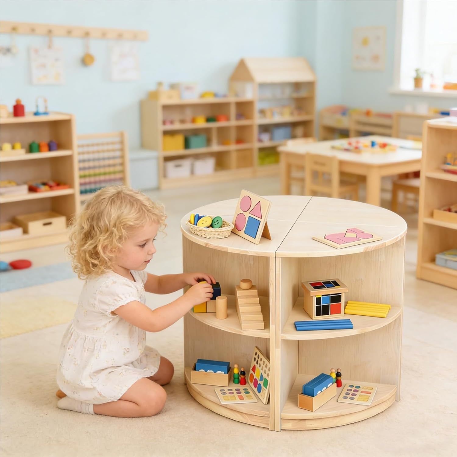 Corner Montessori Shelf 3-Tier Storage Bookcase – Kids Organizer for Toys, Books, Arts & Crafts Supplies, Ideal Toddler Furniture for Nursery, Preschool & Daycare