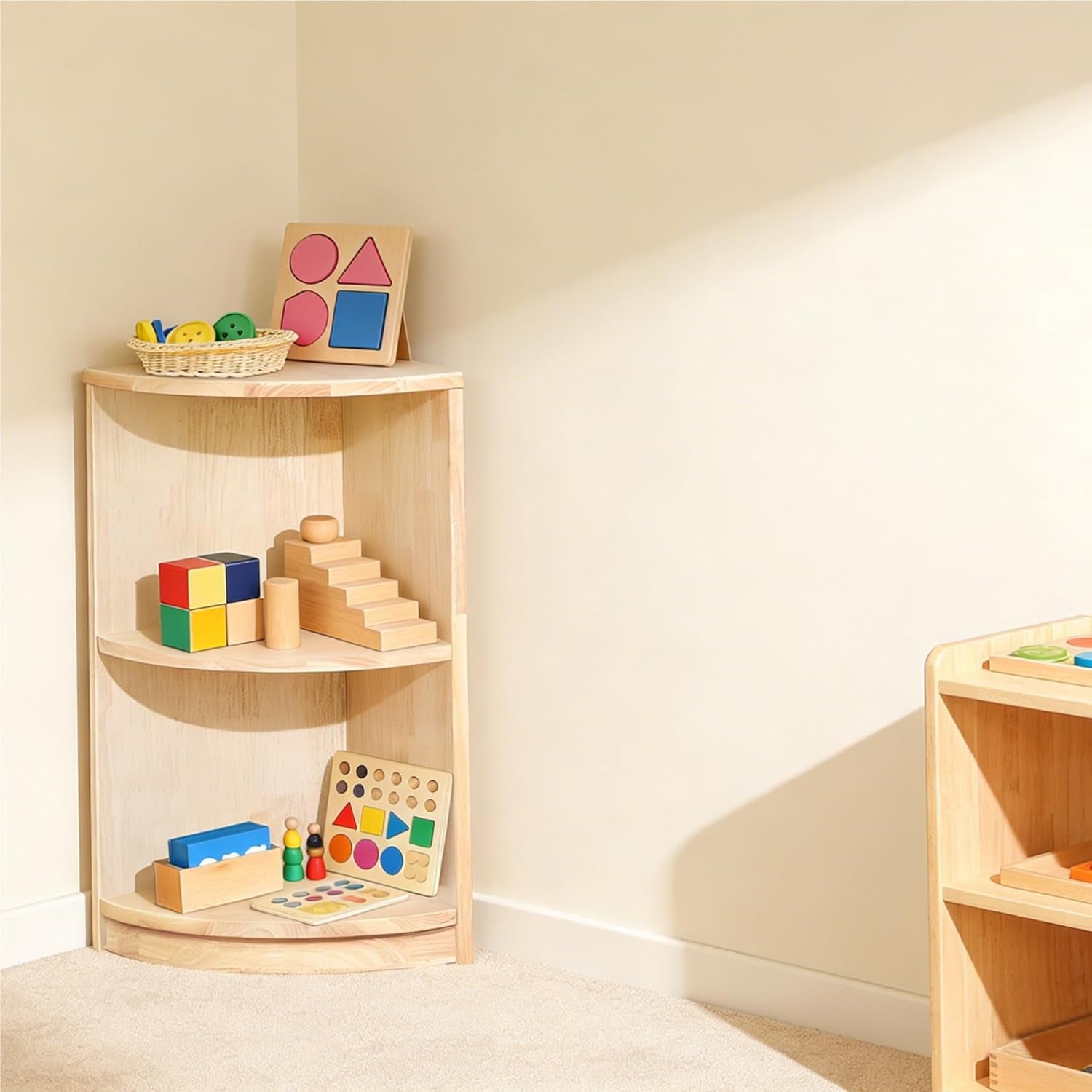 Corner Montessori Shelf 3-Tier Storage Bookcase – Kids Organizer for Toys, Books, Arts & Crafts Supplies, Ideal Toddler Furniture for Nursery, Preschool & Daycare